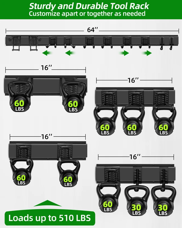 Alt view image 3 of 7 - 64 in Garage Tool Organizer Wall Mount, Adjustable Tool Storage Rack Heavy-duty 510 LBS, 10 Hooks in 4 Types, Wear & Tear Resistant, Soft Anti-Scratch Hook Sleeves, For Yard Tools, Shovels, Shed