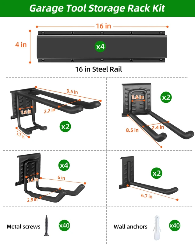 Alt view image 4 of 7 - 64 in Garage Tool Organizer Wall Mount, Adjustable Tool Storage Rack Heavy-duty 510 LBS, 10 Hooks in 4 Types, Wear & Tear Resistant, Soft Anti-Scratch Hook Sleeves, For Yard Tools, Shovels, Shed