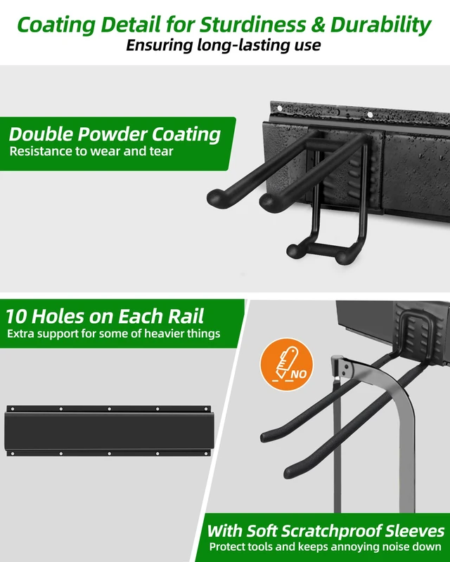 Alt view image 5 of 7 - 64 in Garage Tool Organizer Wall Mount, Adjustable Tool Storage Rack Heavy-duty 510 LBS, 10 Hooks in 4 Types, Wear & Tear Resistant, Soft Anti-Scratch Hook Sleeves, For Yard Tools, Shovels, Shed