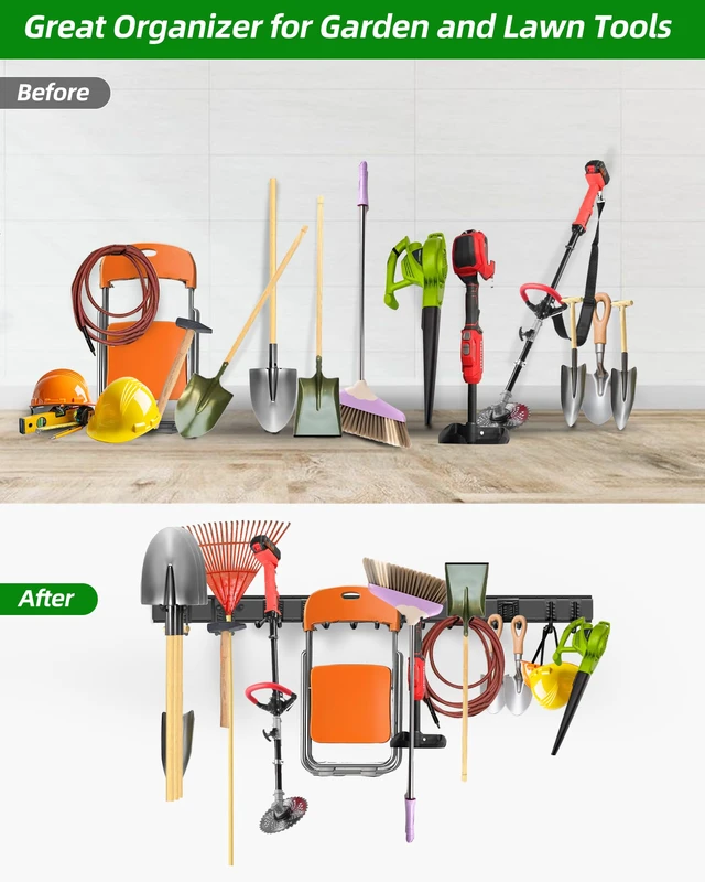 Alt view image 7 of 7 - 64 in Garage Tool Organizer Wall Mount, Adjustable Tool Storage Rack Heavy-duty 510 LBS, 10 Hooks in 4 Types, Wear & Tear Resistant, Soft Anti-Scratch Hook Sleeves, For Yard Tools, Shovels, Shed