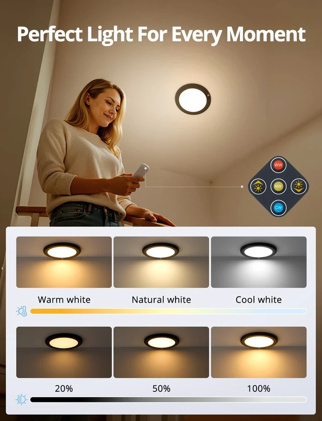 Alt view image 6 of 7 - 2 Pack Black Operated Battery Powered Motion Sensor Ceiling Lights Wireless, Rechargeable 60 Day Battery Life Waterproof Inside Shower Lighting with Remote Magnetic No Wiring for Garage Closet