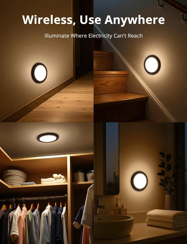 Alt view image 7 of 7 - 2 Pack Black Operated Battery Powered Motion Sensor Ceiling Lights Wireless, Rechargeable 60 Day Battery Life Waterproof Inside Shower Lighting with Remote Magnetic No Wiring for Garage Closet