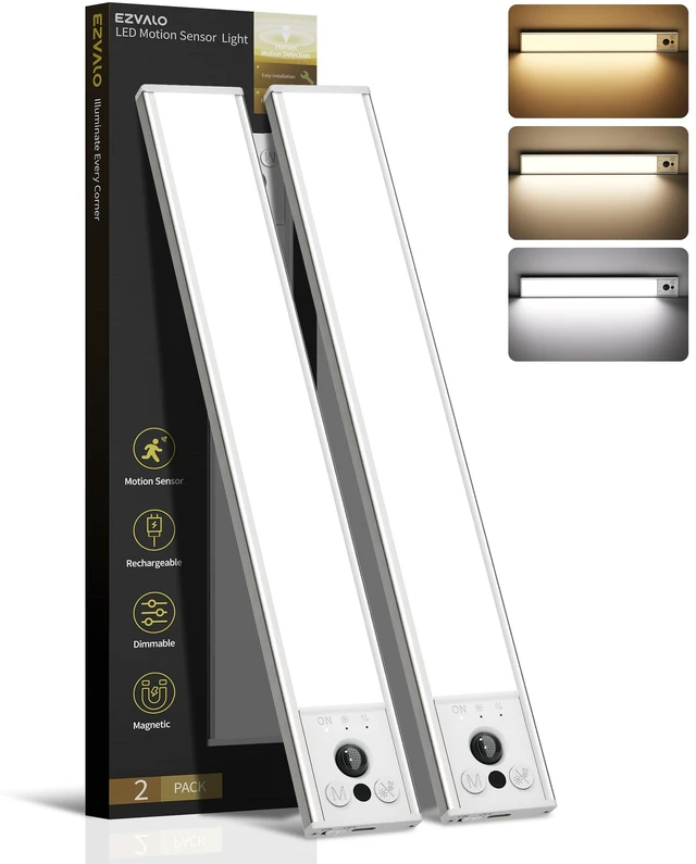 Main image of 12inch Under Cabinet Lighting, 2 Pack 3100mAh Rechargeable Motion Sensor Light Indoor with 3 Color Temperatures, Dimmable & Magnetic Closet Light, Wireless Counter Lights for Kitchen, Stairs