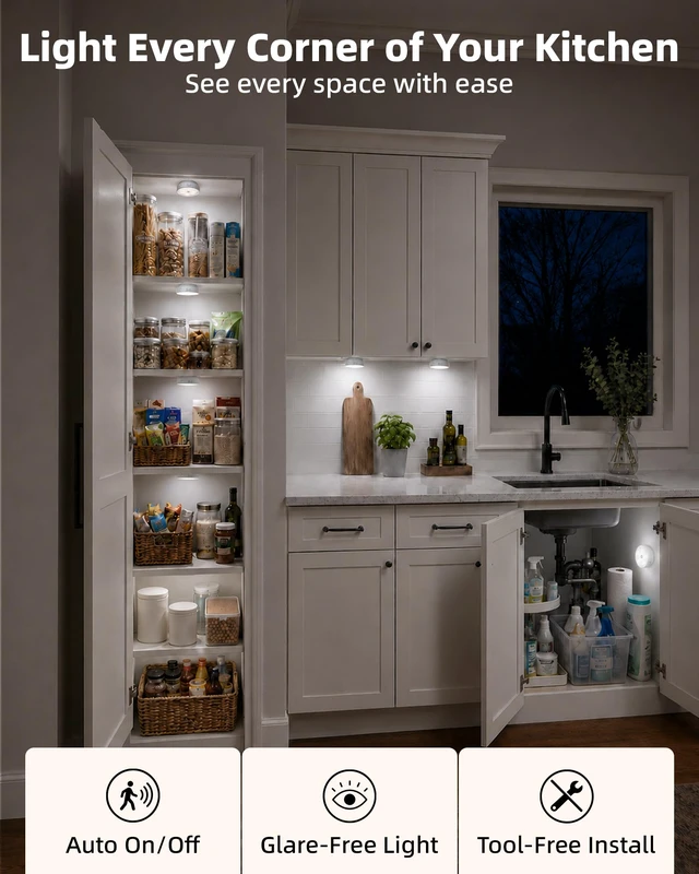 Alt view image 2 of 7 - 8 Pack Motion Sensor Closet Lights with Charging Station, 1200mAh Rechargeable LED Night Lights, Under Cabinet Lights, Puck Light, Dimmable, 3 Color Temps, Magnetic, Stick-On for Kitchen