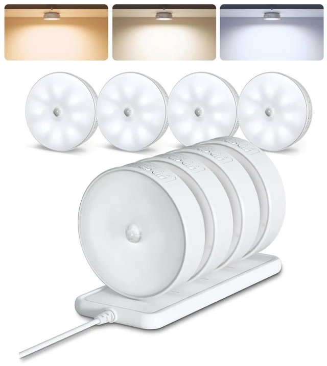 Main image of 8 Pack Motion Sensor Closet Lights with Charging Station, 1200mAh Rechargeable LED Night Lights, Under Cabinet Lights, Puck Light, Dimmable, 3 Color Temps, Magnetic, Stick-On for Kitchen