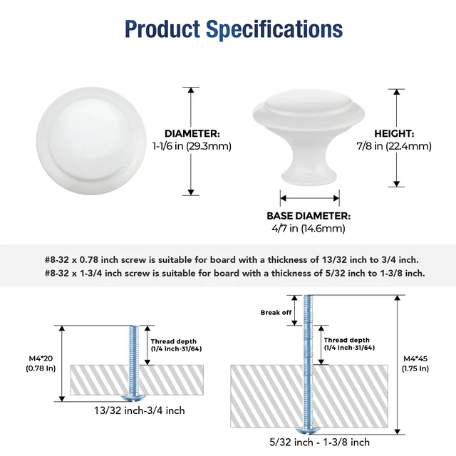 Alt view image 3 of 7 - White Cabinet Drawer Hardware,30mm Kitchen Cabinet Knobs,30 Pack Drawer Pulls, Stainless Steel, Round Shape, Smooth Touch, with Installation Screws, for Dressers Kitchens Cupboard