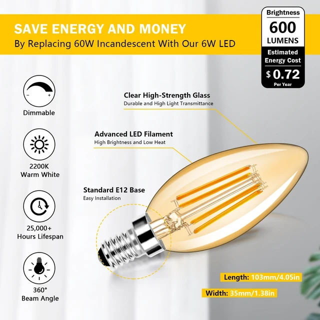 Alt view image 2 of 7 - 12-Pack Dimmable E12 LED Candelabra Bulbs 60W Equivalent, 2200K 6W, B11 Candle Base, 600 Lumens, LED Filament, Amber Glass, High CRI, Vintage Light Bulb for Chandelier Ceiling Fan