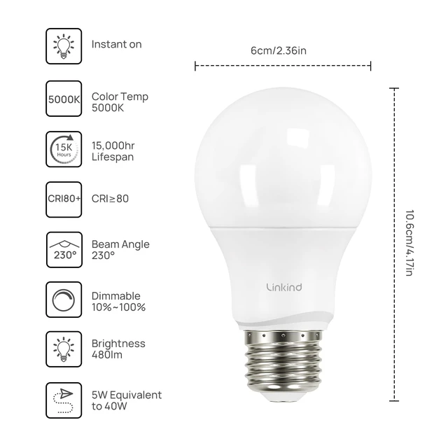 Alt view image 2 of 7 - A19 LED Light Bulbs Dimmable, 40W Equivalent, E26 Base, 5000K Daylight, 5W 480 Lumens 120V, UL Listed FCC Certified, LED Lights for Bedroom Living Room Home Office, 6 Packs