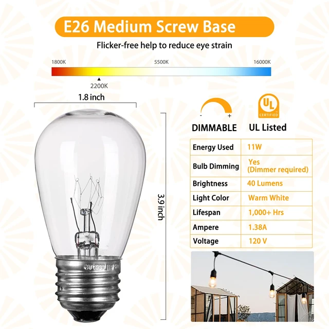 Alt view image 2 of 7 - 48 Pack S14 Incandescent Light Bulbs, Glass, 11W 2700K, Warm White Waterproof, Dimmable E26 Edison Bulbs for Indoor Outdoor String Lights, Patio Lighting & Replacement Bulbs, UL Listed