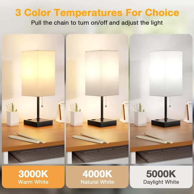 Alt view image 3 of 7 - 17.4" White Bedside Table Lamp for Bedroom - USB C+A, 2 AC Outlets Pull Chain Lamp, 3 Color Modes(3000K/4000K/5000K), E26 LED Bulb Included, Square White Fabric Lampshade, for Read, Work, Dorm