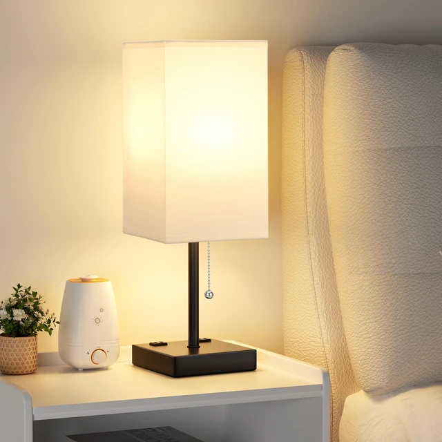 Alt view image 2 of 7 - 17.4" White Bedside Table Lamp for Bedroom - USB C+A, 2 AC Outlets Pull Chain Lamp, 3 Color Modes(3000K/4000K/5000K), E26 LED Bulb Included, Square White Fabric Lampshade, for Read, Work, Dorm