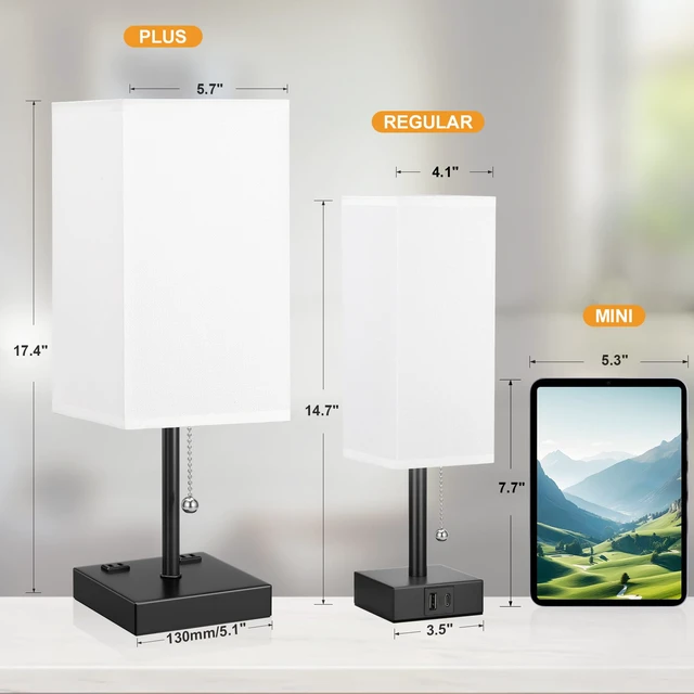 Alt view image 5 of 7 - 17.4" White Bedside Table Lamp for Bedroom - USB C+A, 2 AC Outlets Pull Chain Lamp, 3 Color Modes(3000K/4000K/5000K), E26 LED Bulb Included, Square White Fabric Lampshade, for Read, Work, Dorm