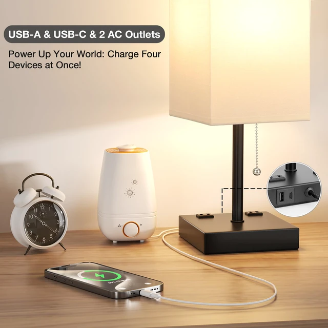 Alt view image 4 of 7 - 17.4" White Bedside Table Lamp for Bedroom - USB C+A, 2 AC Outlets Pull Chain Lamp, 3 Color Modes(3000K/4000K/5000K), E26 LED Bulb Included, Square White Fabric Lampshade, for Read, Work, Dorm