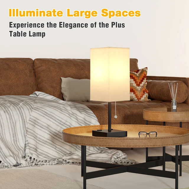 Alt view image 7 of 7 - 17.4" White Bedside Table Lamp for Bedroom - USB C+A, 2 AC Outlets Pull Chain Lamp, 3 Color Modes(3000K/4000K/5000K), E26 LED Bulb Included, Square White Fabric Lampshade, for Read, Work, Dorm