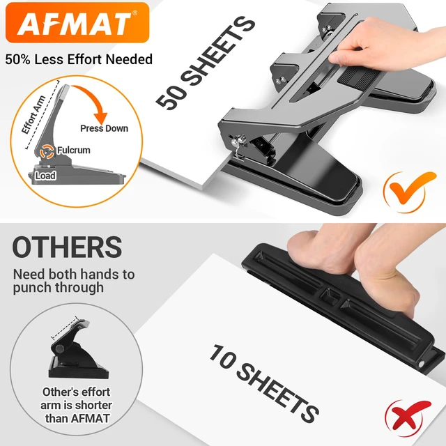 Alt view image 2 of 6 - Heavy Duty 3 Hole Puncher, 50-Sheet Paper Punch Heavy Duty, 50% Reduced Effort Three Hole Punch, 10K+ Uses, Metal Hole Puncher 3 Ring w/Large Tray, Bulit-in S.S. Paper Guide HPX4(Gray)