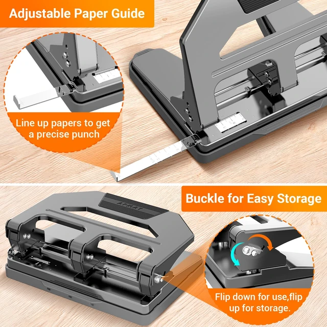 Alt view image 5 of 6 - Heavy Duty 3 Hole Puncher, 50-Sheet Paper Punch Heavy Duty, 50% Reduced Effort Three Hole Punch, 10K+ Uses, Metal Hole Puncher 3 Ring w/Large Tray, Bulit-in S.S. Paper Guide HPX4(Gray)