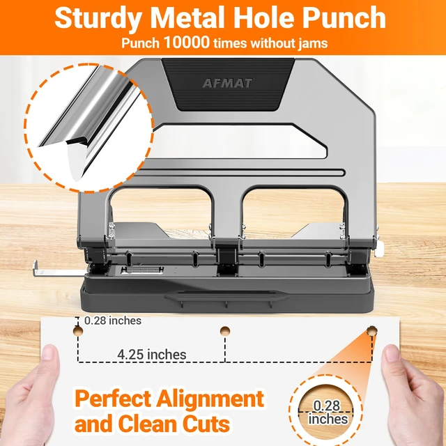 Alt view image 4 of 6 - Heavy Duty 3 Hole Puncher, 50-Sheet Paper Punch Heavy Duty, 50% Reduced Effort Three Hole Punch, 10K+ Uses, Metal Hole Puncher 3 Ring w/Large Tray, Bulit-in S.S. Paper Guide HPX4(Gray)