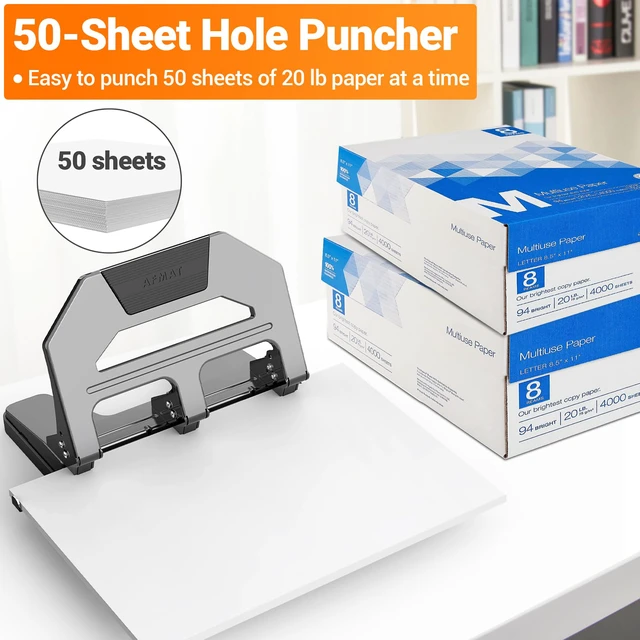 Alt view image 3 of 6 - Heavy Duty 3 Hole Puncher, 50-Sheet Paper Punch Heavy Duty, 50% Reduced Effort Three Hole Punch, 10K+ Uses, Metal Hole Puncher 3 Ring w/Large Tray, Bulit-in S.S. Paper Guide HPX4(Gray)
