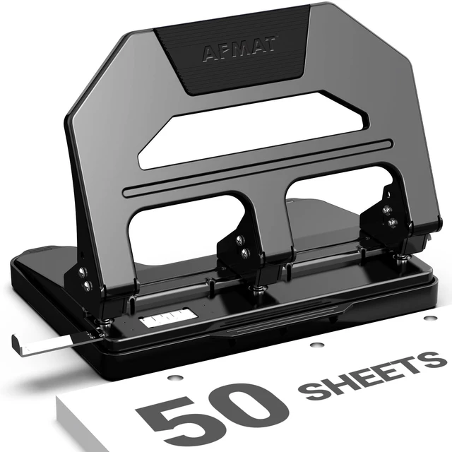 Main image of Heavy Duty 3 Hole Puncher, 50-Sheet Paper Punch Heavy Duty, 50% Reduced Effort Three Hole Punch, 10K+ Uses, Metal Hole Puncher 3 Ring w/Large Tray, Bulit-in S.S. Paper Guide HPX4(Black)