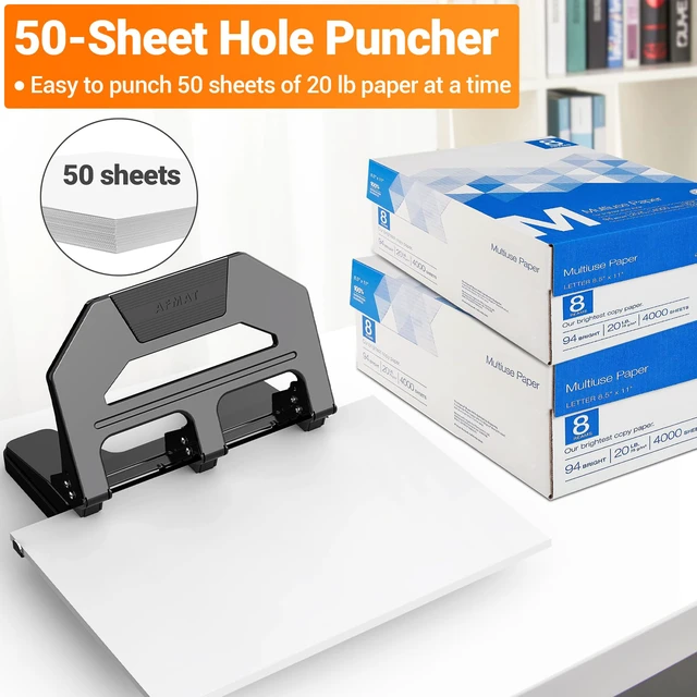 Alt view image 3 of 6 - Heavy Duty 3 Hole Puncher, 50-Sheet Paper Punch Heavy Duty, 50% Reduced Effort Three Hole Punch, 10K+ Uses, Metal Hole Puncher 3 Ring w/Large Tray, Bulit-in S.S. Paper Guide HPX4(Black)