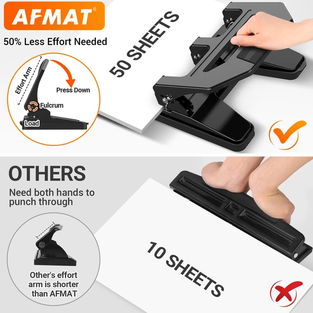 Alt view image 2 of 6 - Heavy Duty 3 Hole Puncher, 50-Sheet Paper Punch Heavy Duty, 50% Reduced Effort Three Hole Punch, 10K+ Uses, Metal Hole Puncher 3 Ring w/Large Tray, Bulit-in S.S. Paper Guide HPX4(Black)