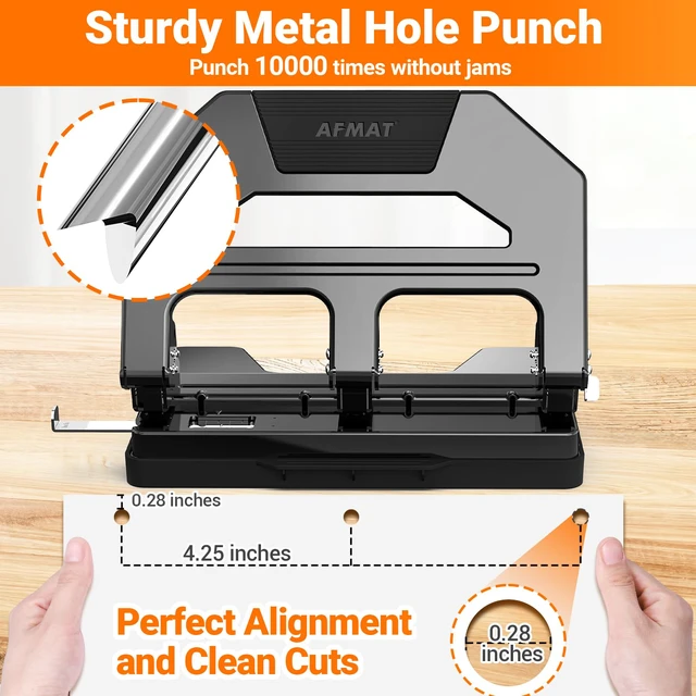 Alt view image 4 of 6 - Heavy Duty 3 Hole Puncher, 50-Sheet Paper Punch Heavy Duty, 50% Reduced Effort Three Hole Punch, 10K+ Uses, Metal Hole Puncher 3 Ring w/Large Tray, Bulit-in S.S. Paper Guide HPX4(Black)