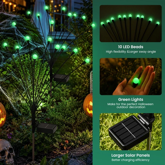 Alt view image 2 of 7 - Solar Halloween Lights(4Pack 40LED), Green Outdoor Halloween Decor Scary Swaying Firefly Lights Waterproof for Garden Decor, 2 Lighting Mode, Auto On/Off, Yard Solar Lights Gardening Gifts