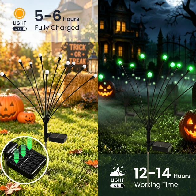 Alt view image 3 of 7 - Solar Halloween Lights(4Pack 40LED), Green Outdoor Halloween Decor Scary Swaying Firefly Lights Waterproof for Garden Decor, 2 Lighting Mode, Auto On/Off, Yard Solar Lights Gardening Gifts