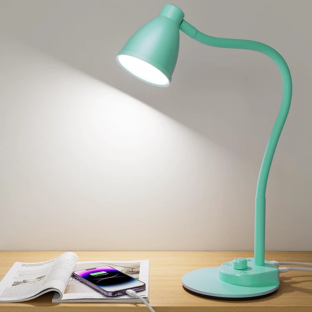 Main image of LED Desk Lamp with USB Charging Port, 3 Color Modes Dimmable, Teal Reading Lamp, Auto Dimming Task Lamp, Flexible Neck Table Light for Office Dorm Bedside, Adapter Include