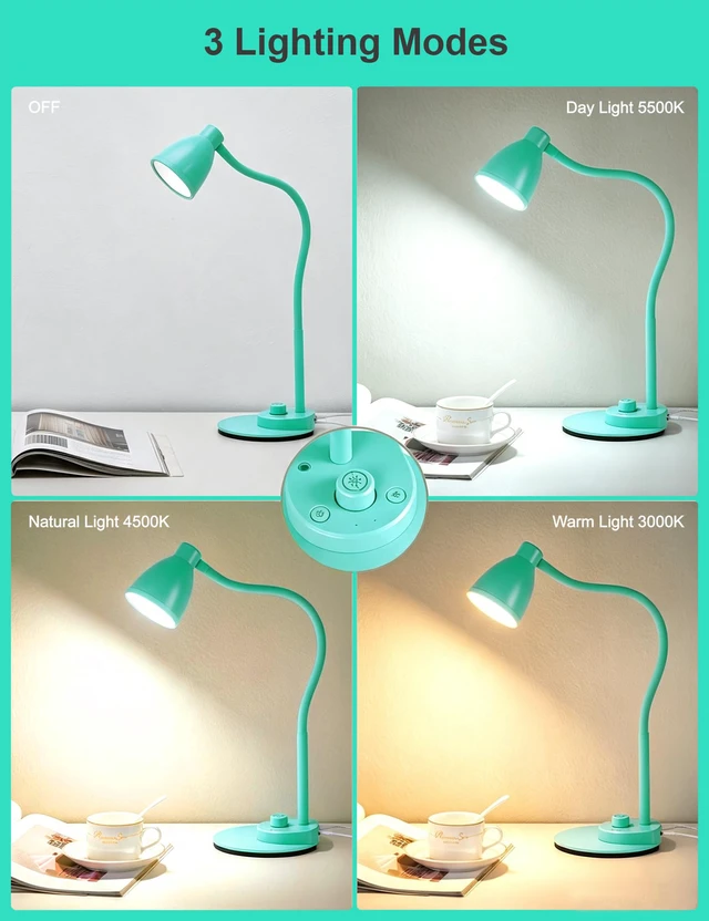 Alt view image 2 of 7 - LED Desk Lamp with USB Charging Port, 3 Color Modes Dimmable, Teal Reading Lamp, Auto Dimming Task Lamp, Flexible Neck Table Light for Office Dorm Bedside, Adapter Include