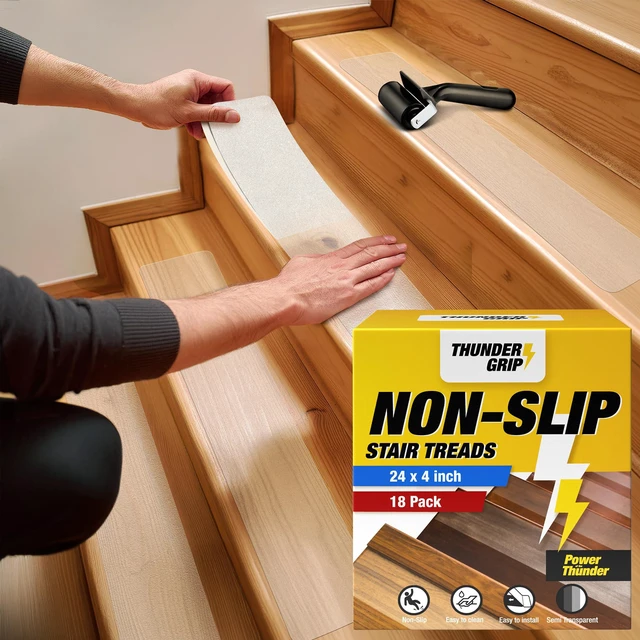 Main image of Clear Stair Treads Non-Slip Indoor 24" x 4" 18-Pack - Stair Grips for Wood Anti Slip Adhesive Strips for Dogs & Elderly, Staircase Step Treads, Transparent Treads for Wood Stairs by