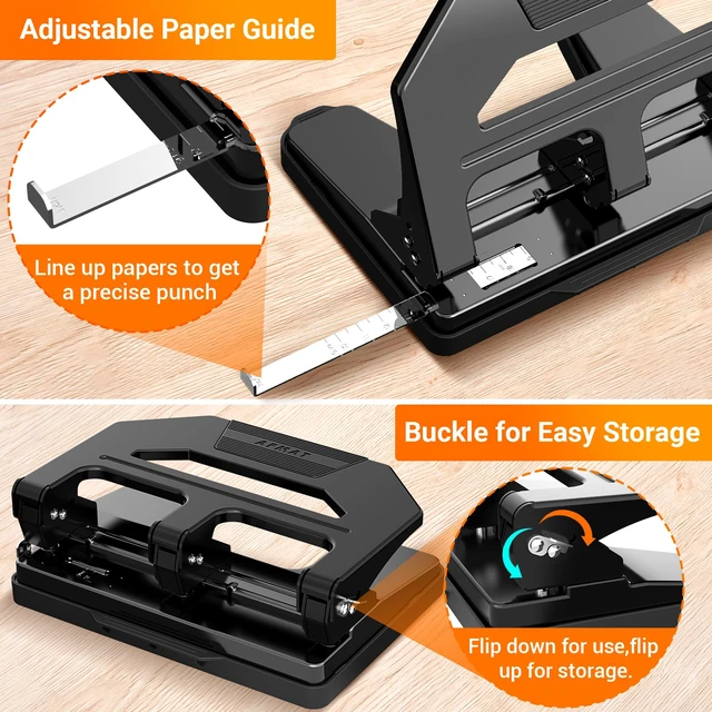 Alt view image 5 of 6 - Heavy Duty 3 Hole Puncher, 50-Sheet Paper Punch Heavy Duty, 50% Reduced Effort Three Hole Punch, 10K+ Uses, Metal Hole Puncher 3 Ring w/Large Tray, Bulit-in S.S. Paper Guide HPX4(Black)