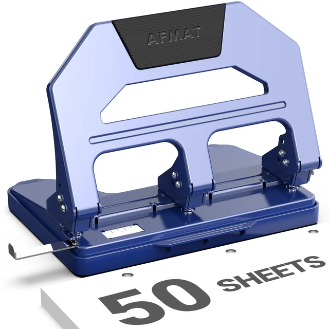 Main image of Heavy Duty 3 Hole Puncher, 50-Sheet Paper Punch Heavy Duty, 50% Reduced Effort Three Hole Punch, 10K+ Uses, Metal Hole Puncher 3 Ring w/Large Tray, Bulit-in S.S. Paper Guide HPX4(Blue)