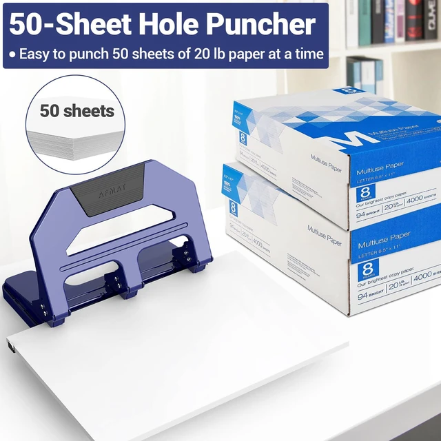 Alt view image 3 of 6 - Heavy Duty 3 Hole Puncher, 50-Sheet Paper Punch Heavy Duty, 50% Reduced Effort Three Hole Punch, 10K+ Uses, Metal Hole Puncher 3 Ring w/Large Tray, Bulit-in S.S. Paper Guide HPX4(Blue)