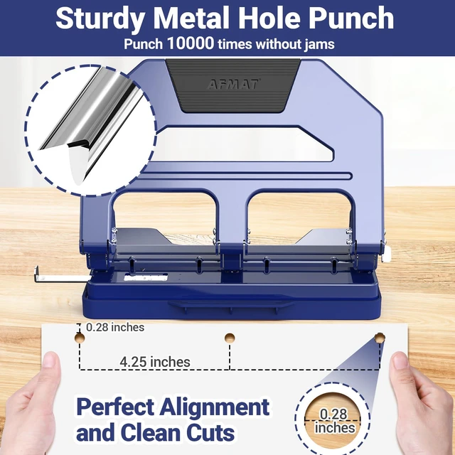 Alt view image 4 of 6 - Heavy Duty 3 Hole Puncher, 50-Sheet Paper Punch Heavy Duty, 50% Reduced Effort Three Hole Punch, 10K+ Uses, Metal Hole Puncher 3 Ring w/Large Tray, Bulit-in S.S. Paper Guide HPX4(Blue)
