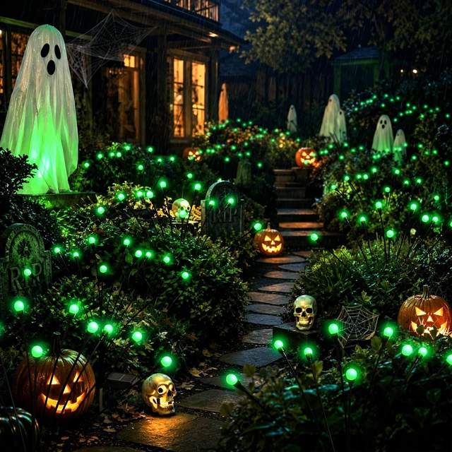 Alt view image 6 of 7 - Solar Halloween Lights(4Pack 40LED), Green Outdoor Halloween Decor Scary Swaying Firefly Lights Waterproof for Garden Decor, 2 Lighting Mode, Auto On/Off, Yard Solar Lights Gardening Gifts