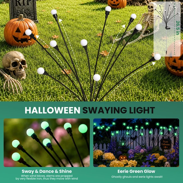 Alt view image 7 of 7 - Solar Halloween Lights(4Pack 40LED), Green Outdoor Halloween Decor Scary Swaying Firefly Lights Waterproof for Garden Decor, 2 Lighting Mode, Auto On/Off, Yard Solar Lights Gardening Gifts