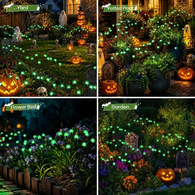 Alt view image 5 of 7 - Solar Halloween Lights(4Pack 40LED), Green Outdoor Halloween Decor Scary Swaying Firefly Lights Waterproof for Garden Decor, 2 Lighting Mode, Auto On/Off, Yard Solar Lights Gardening Gifts