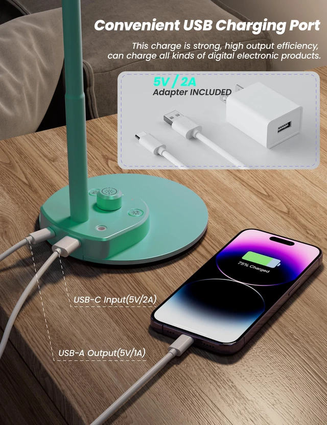 Alt view image 4 of 7 - LED Desk Lamp with USB Charging Port, 3 Color Modes Dimmable, Teal Reading Lamp, Auto Dimming Task Lamp, Flexible Neck Table Light for Office Dorm Bedside, Adapter Include