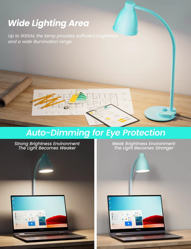 Alt view image 6 of 7 - LED Desk Lamp with USB Charging Port, 3 Color Modes Dimmable, Teal Reading Lamp, Auto Dimming Task Lamp, Flexible Neck Table Light for Office Dorm Bedside, Adapter Include