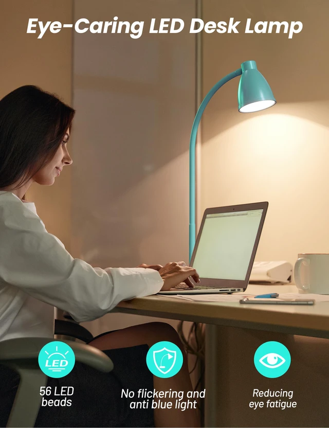 Alt view image 5 of 7 - LED Desk Lamp with USB Charging Port, 3 Color Modes Dimmable, Teal Reading Lamp, Auto Dimming Task Lamp, Flexible Neck Table Light for Office Dorm Bedside, Adapter Include