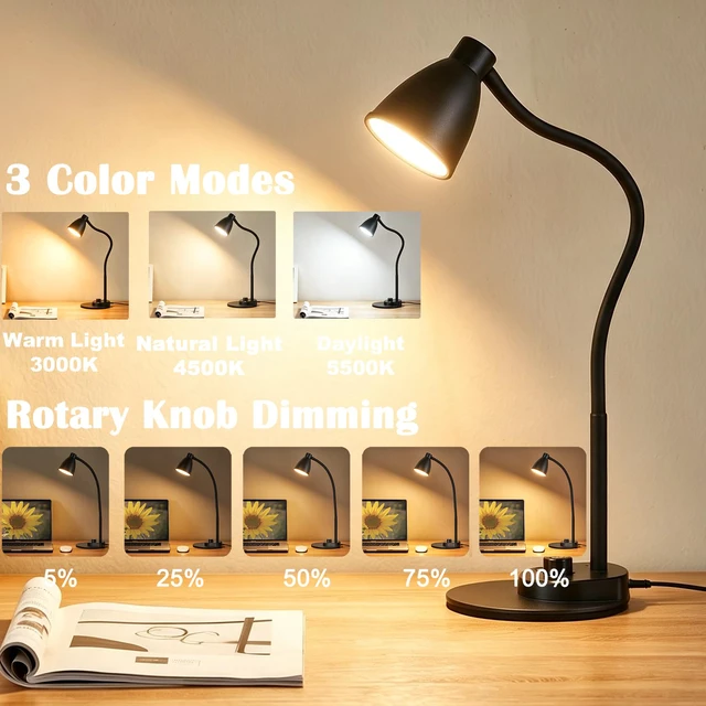 Alt view image 2 of 7 - LED Desk Lamp with USB Charging Port 3 Color Modes Dimmable, Black Reading Light Intelligent Induction Auto Dimming Task Lamp Neck Flexible Table Lamp for Bedside Office, AC Adapter Include