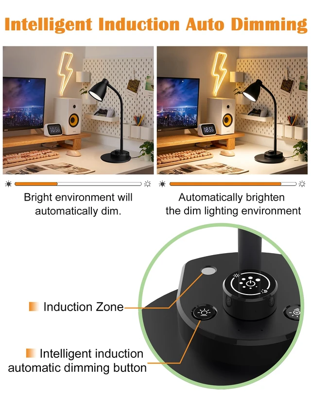 Alt view image 5 of 7 - LED Desk Lamp with USB Charging Port 3 Color Modes Dimmable, Black Reading Light Intelligent Induction Auto Dimming Task Lamp Neck Flexible Table Lamp for Bedside Office, AC Adapter Include