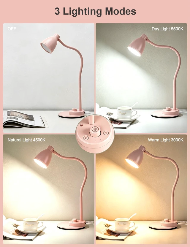 Alt view image 2 of 4 - Cute Desk Lamp with USB Charging Port, 3 Color Modes Dimmable, Pink Pink Lamp LED Reading Lamp, Flexible Neck Auto Dimming Table Task Light for Home Office Dorm Bedside