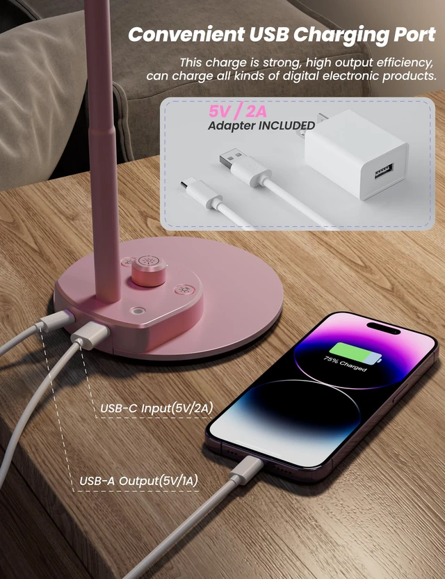 Alt view image 4 of 4 - Cute Desk Lamp with USB Charging Port, 3 Color Modes Dimmable, Pink Pink Lamp LED Reading Lamp, Flexible Neck Auto Dimming Table Task Light for Home Office Dorm Bedside