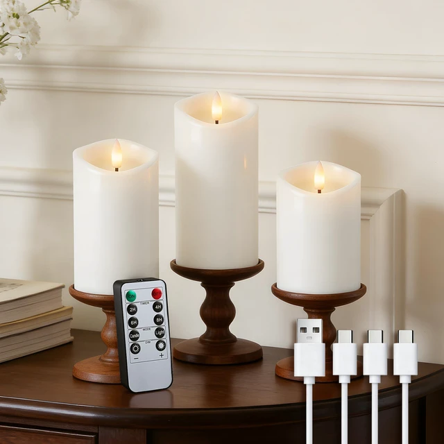 Main image of White Real Wax LED Rechargeable Flameless Battery-Operated Pillar Candles Flickering Flameless Candles Melted Edge with Remote and Timer, LED USB Type-C Candles, Set of 3 (3" x 4",5",6"),Home Decor