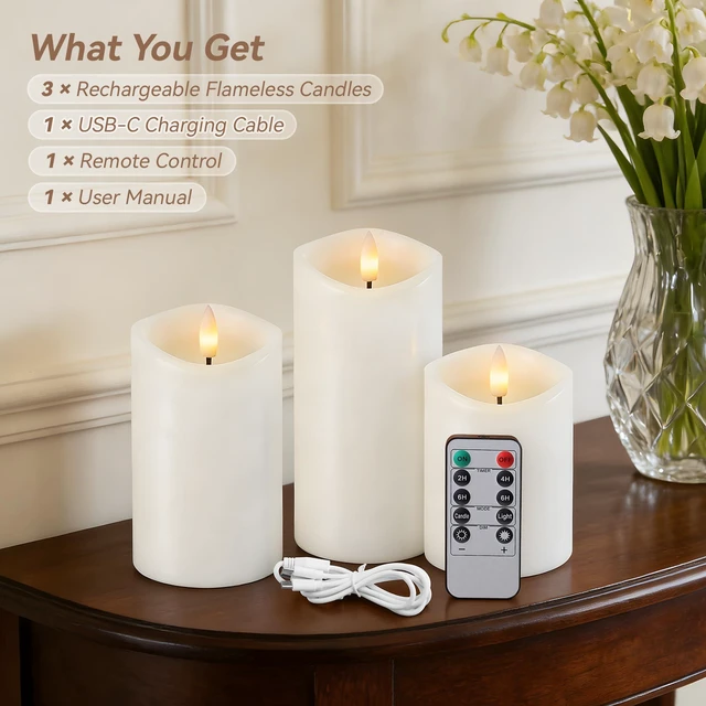 Alt view image 2 of 7 - White Real Wax LED Rechargeable Flameless Battery-Operated Pillar Candles Flickering Flameless Candles Melted Edge with Remote and Timer, LED USB Type-C Candles, Set of 3 (3" x 4",5",6"),Home Decor