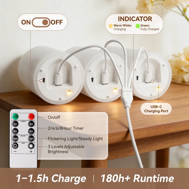 Alt view image 3 of 7 - White Real Wax LED Rechargeable Flameless Battery-Operated Pillar Candles Flickering Flameless Candles Melted Edge with Remote and Timer, LED USB Type-C Candles, Set of 3 (3" x 4",5",6"),Home Decor