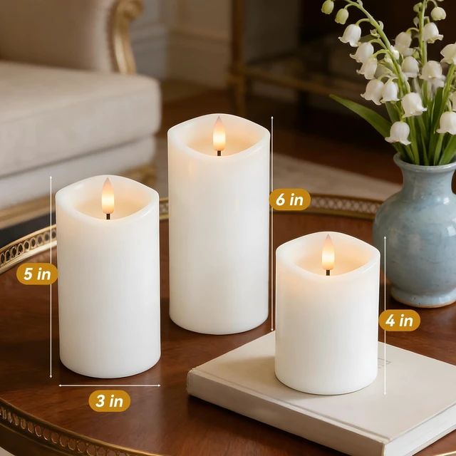 Alt view image 6 of 7 - White Real Wax LED Rechargeable Flameless Battery-Operated Pillar Candles Flickering Flameless Candles Melted Edge with Remote and Timer, LED USB Type-C Candles, Set of 3 (3" x 4",5",6"),Home Decor