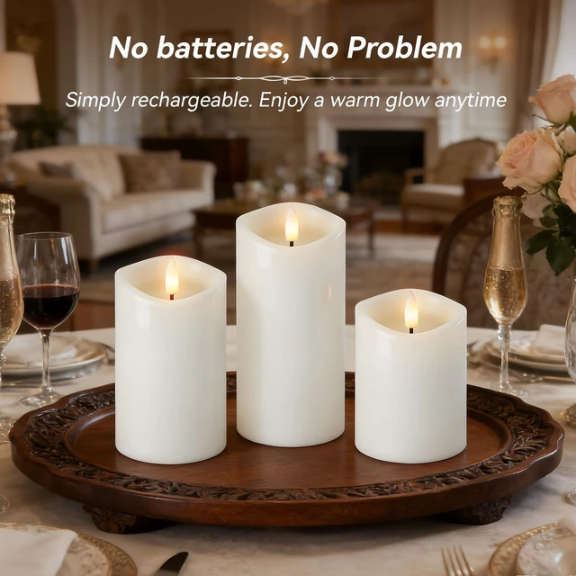 Alt view image 4 of 7 - White Real Wax LED Rechargeable Flameless Battery-Operated Pillar Candles Flickering Flameless Candles Melted Edge with Remote and Timer, LED USB Type-C Candles, Set of 3 (3" x 4",5",6"),Home Decor